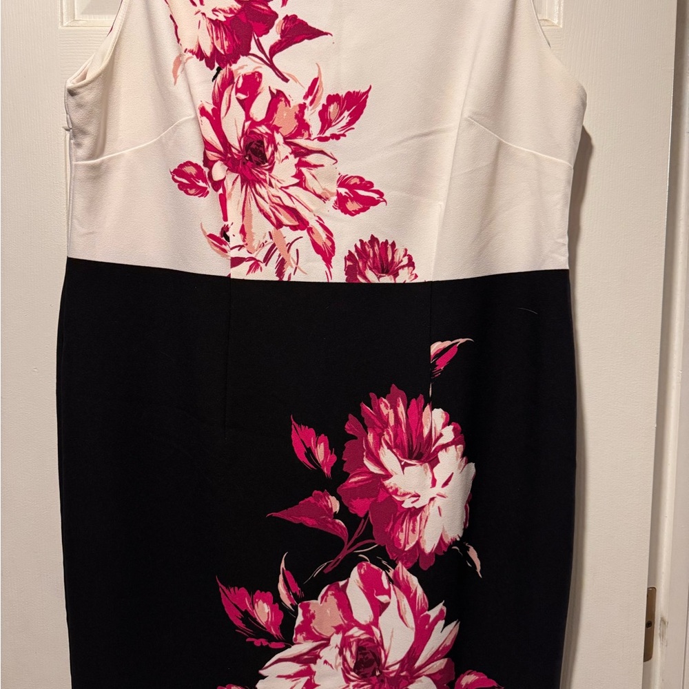 Lane Bryant Black & White Midi Dress with Magenta Floral Print